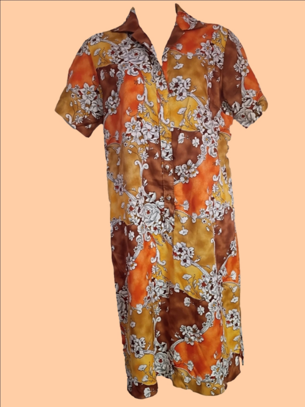 70's Vintage Vibrant Floral Button-Front Dress in Orange, Yellow & Brown